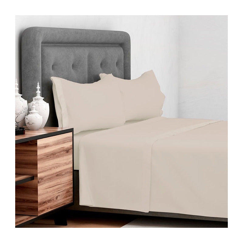 Juego Sábanas Doral 144 Hilos Lisa Color Con Vivo 2 Plazas Beige Liso