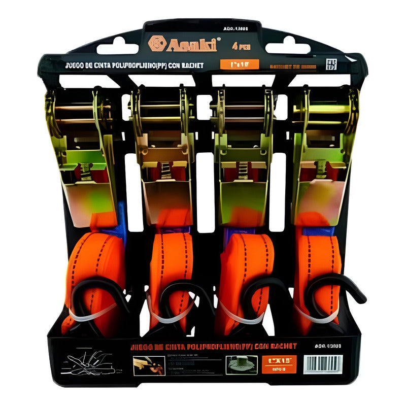 Pack De 4pcs Eslingas Cinta De Amarre Con Rachet 1x15' Naranja